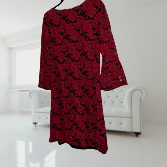 NWT Red Floral Lace Bell Sleeve Dress | Lined | Romantic Stretchy Fit | Size L - Picture 4 of 11